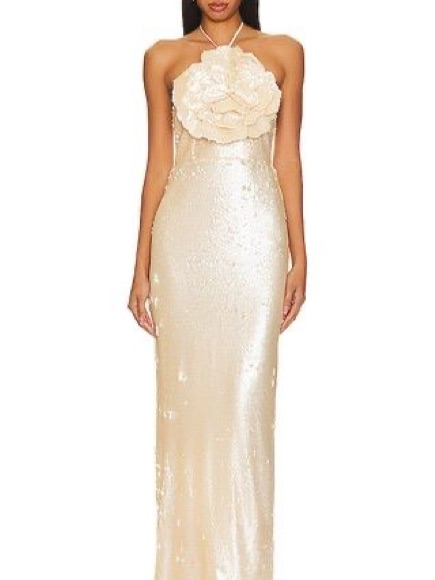 Lovers + Friends Cream Sequin Halter Maxi Gown With Floral Appliqu